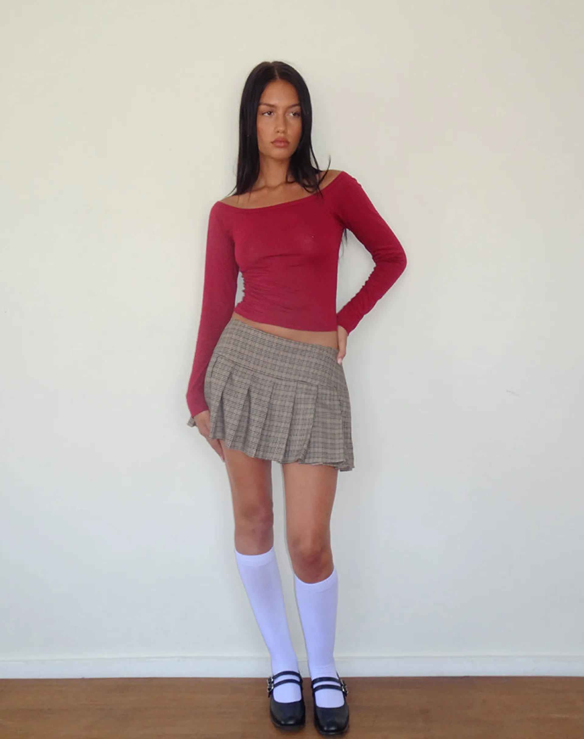 Motel Rocks Basics | Basic Tops-Gavya Long Sleeve Tissue Jersey Bardot Crop Top In Adrenaline Red adrenalinered