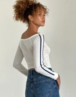 Motel Rocks Basics | Basic Tops-Gavya Long Sleeve Top in Off White with Navy Stripe OffWhitewithNavyStripe