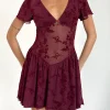Motel Rocks Party Dresses | Mini Dresses-Geni Mini Dress in Botanical Flower Maroon BotanicalFlowerMaroon