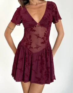 Motel Rocks Party Dresses | Mini Dresses-Geni Mini Dress in Botanical Flower Maroon BotanicalFlowerMaroon