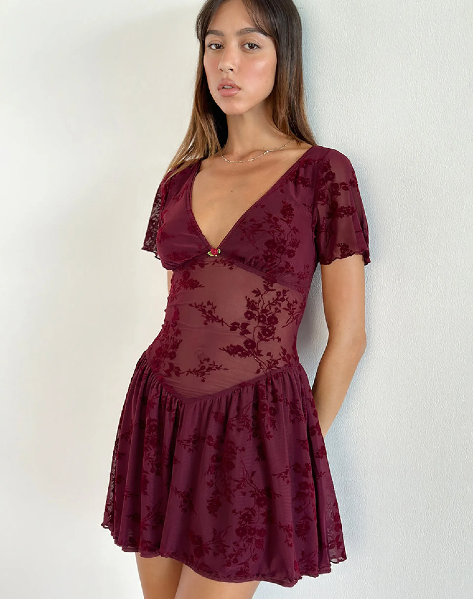 Motel Rocks Party Dresses | Mini Dresses-Geni Mini Dress in Botanical Flower Maroon BotanicalFlowerMaroon
