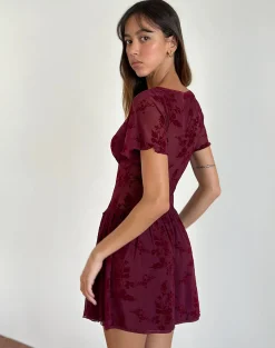 Motel Rocks Party Dresses | Mini Dresses-Geni Mini Dress in Botanical Flower Maroon BotanicalFlowerMaroon
