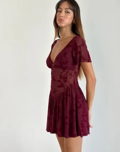 Motel Rocks Party Dresses | Mini Dresses-Geni Mini Dress in Botanical Flower Maroon BotanicalFlowerMaroon
