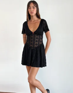 Motel Rocks Little Black Dresses | Mini Dresses-Geni Mini Dress in Regal Lace Black RegalLaceBlack