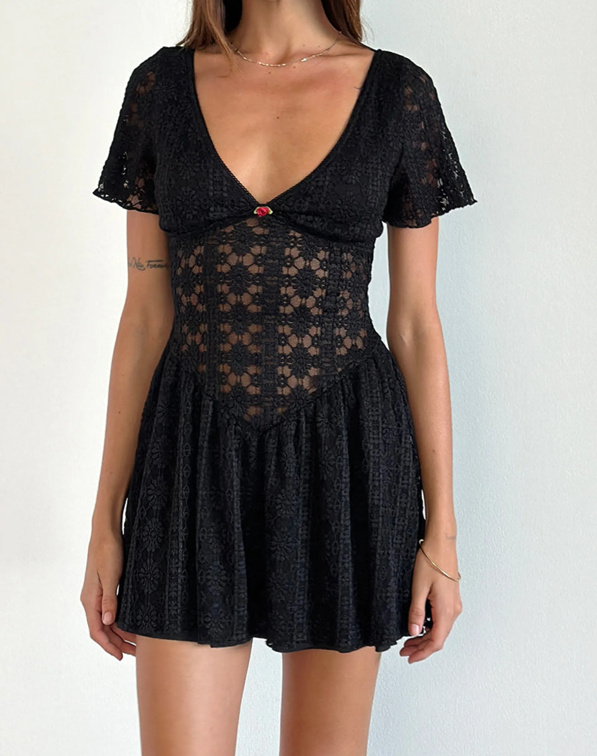 Motel Rocks Little Black Dresses | Mini Dresses-Geni Mini Dress in Regal Lace Black RegalLaceBlack