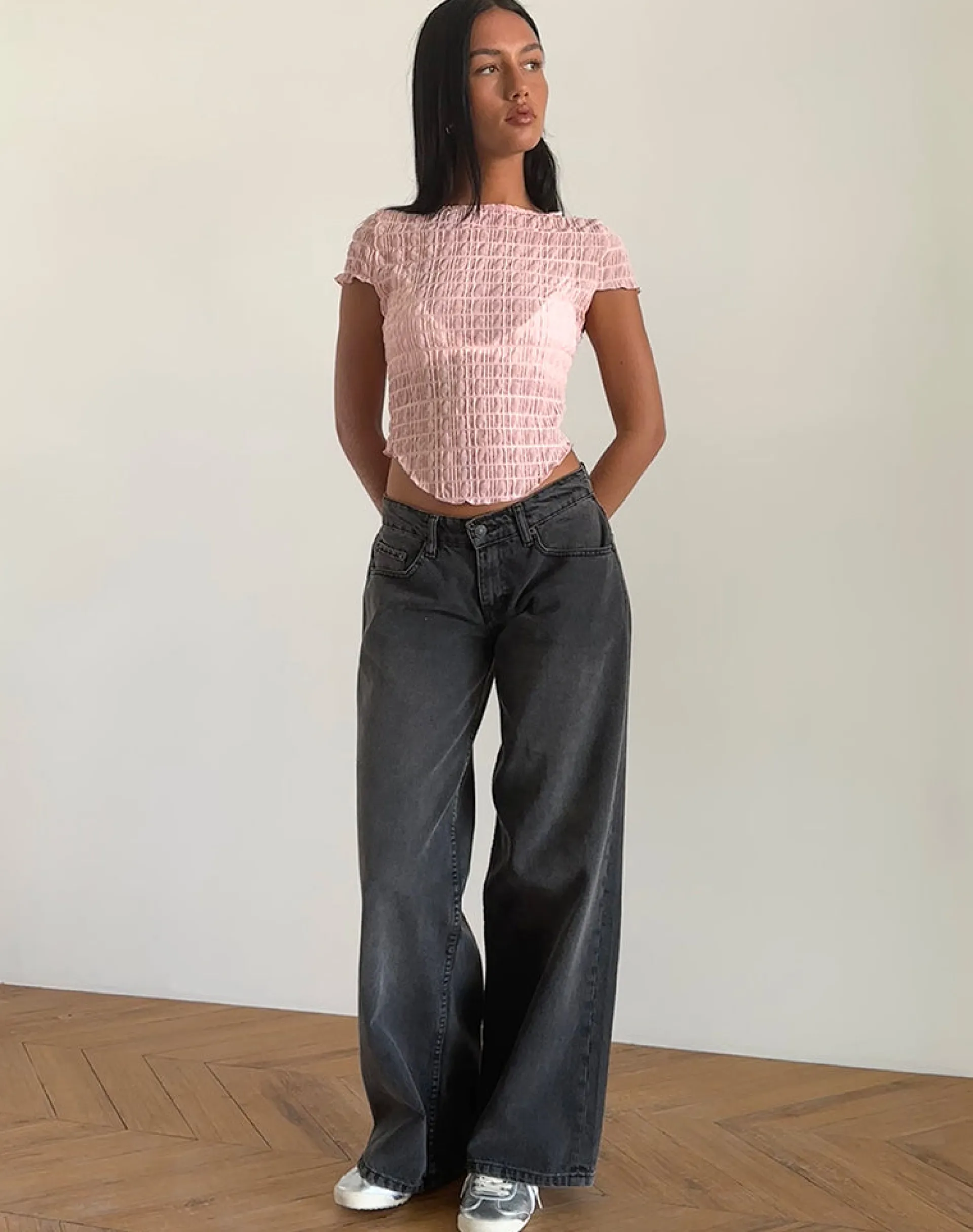 Motel Rocks Basic Tops | Tees-Georgia Textured Mesh Top in Blush Pink