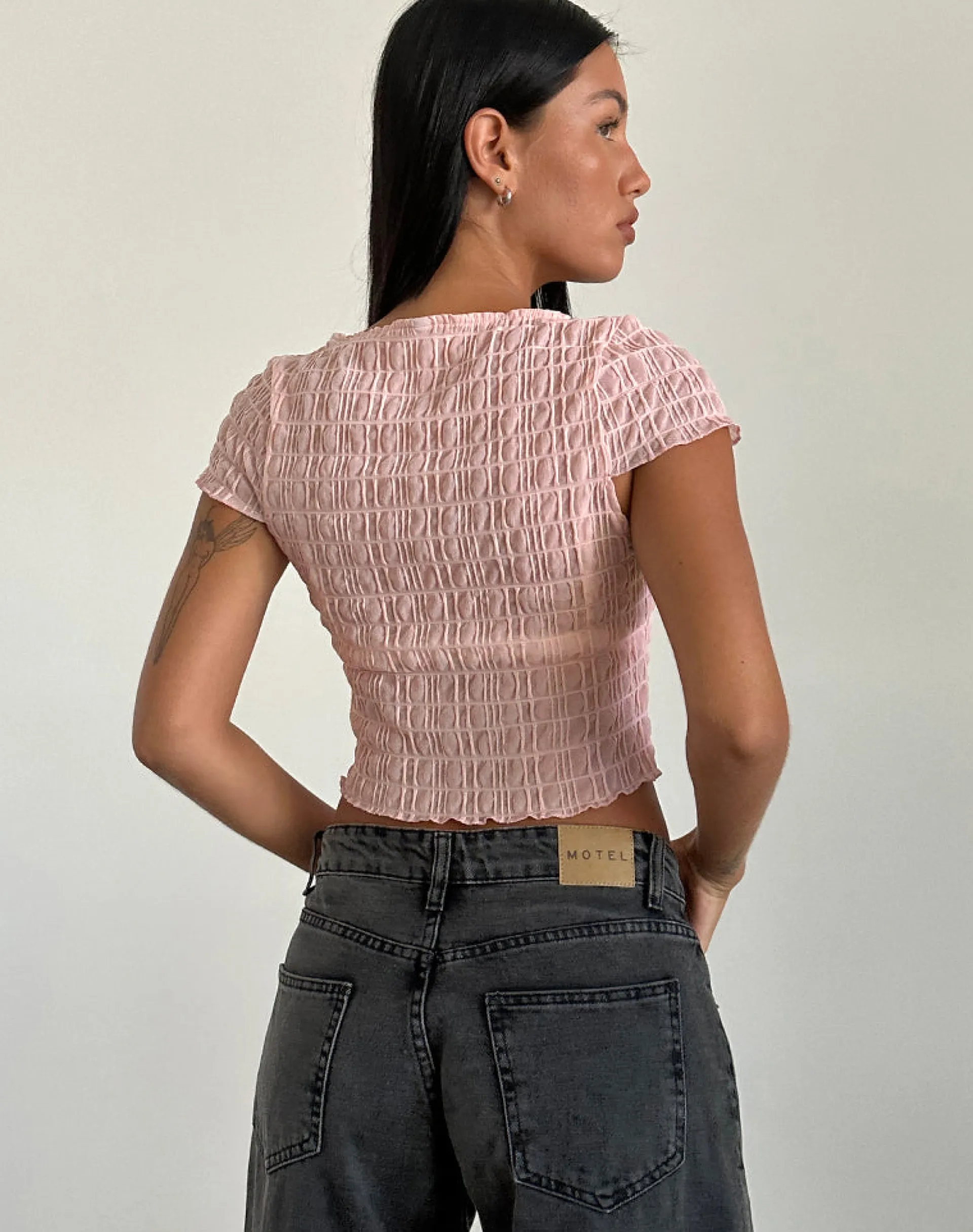 Motel Rocks Basic Tops | Tees-Georgia Textured Mesh Top in Blush Pink