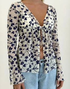 Motel Rocks Printed Tops | Long Sleeve Tops-Gerbera Long Sleeve Top in Grunge Floral Flock Cream