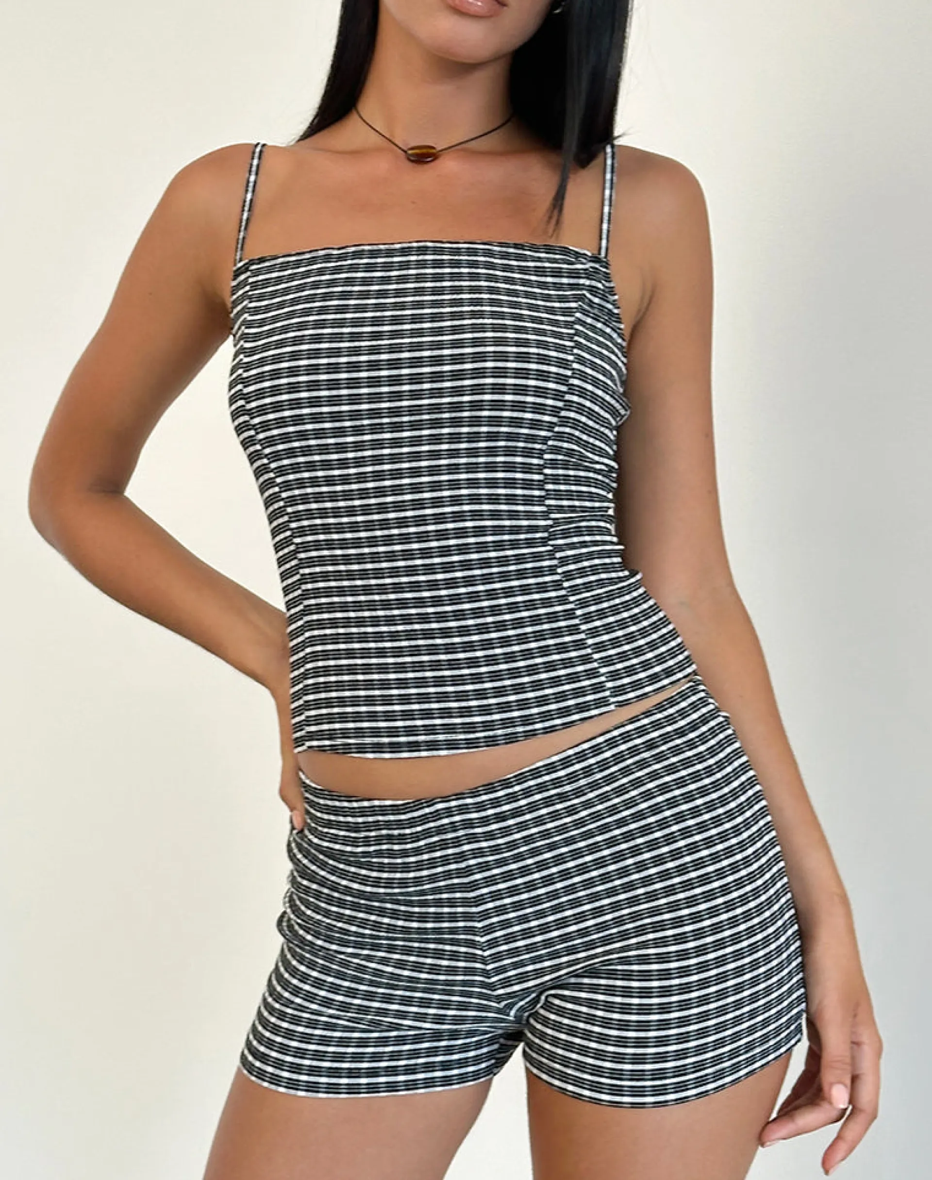 Motel Rocks Micro Shorts | Co-Ords-Ghibli Micro Shorts in Crinkle Check Black Grey CrinkleCheckBlackGrey