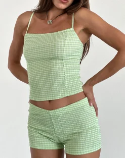 Motel Rocks Micro Shorts | Co-Ords-Ghibli Micro Shorts in Crinkle Check Sage CrinkleCheckSage