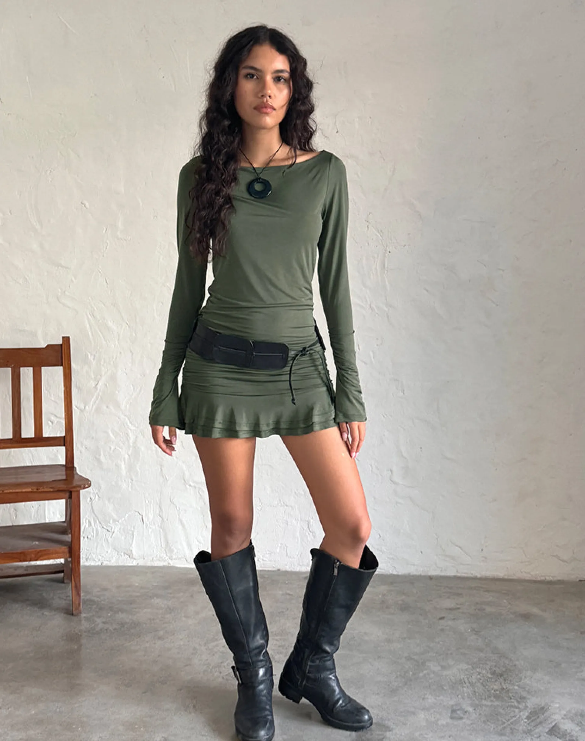 Motel Rocks Basics | Bandeau Dresses-Gillian Long Sleeve Mini Dress in Slinky Khaki
