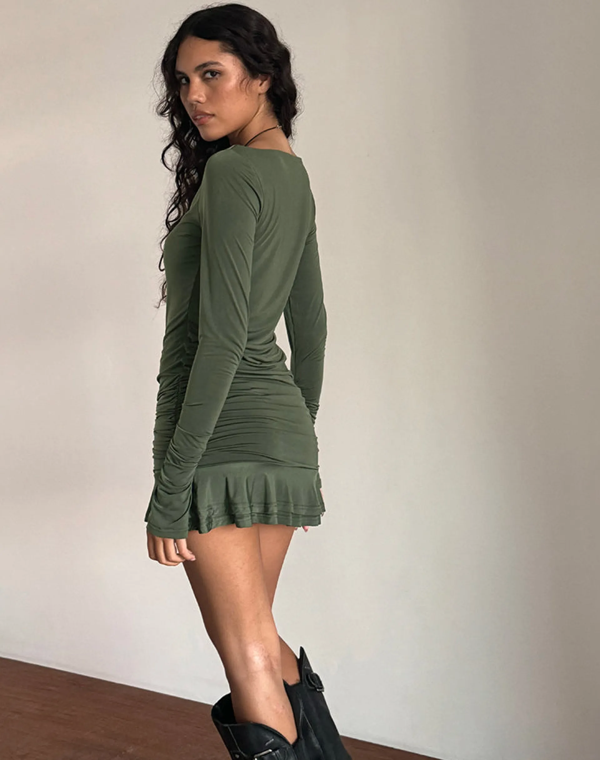 Motel Rocks Basics | Bandeau Dresses-Gillian Long Sleeve Mini Dress in Slinky Khaki