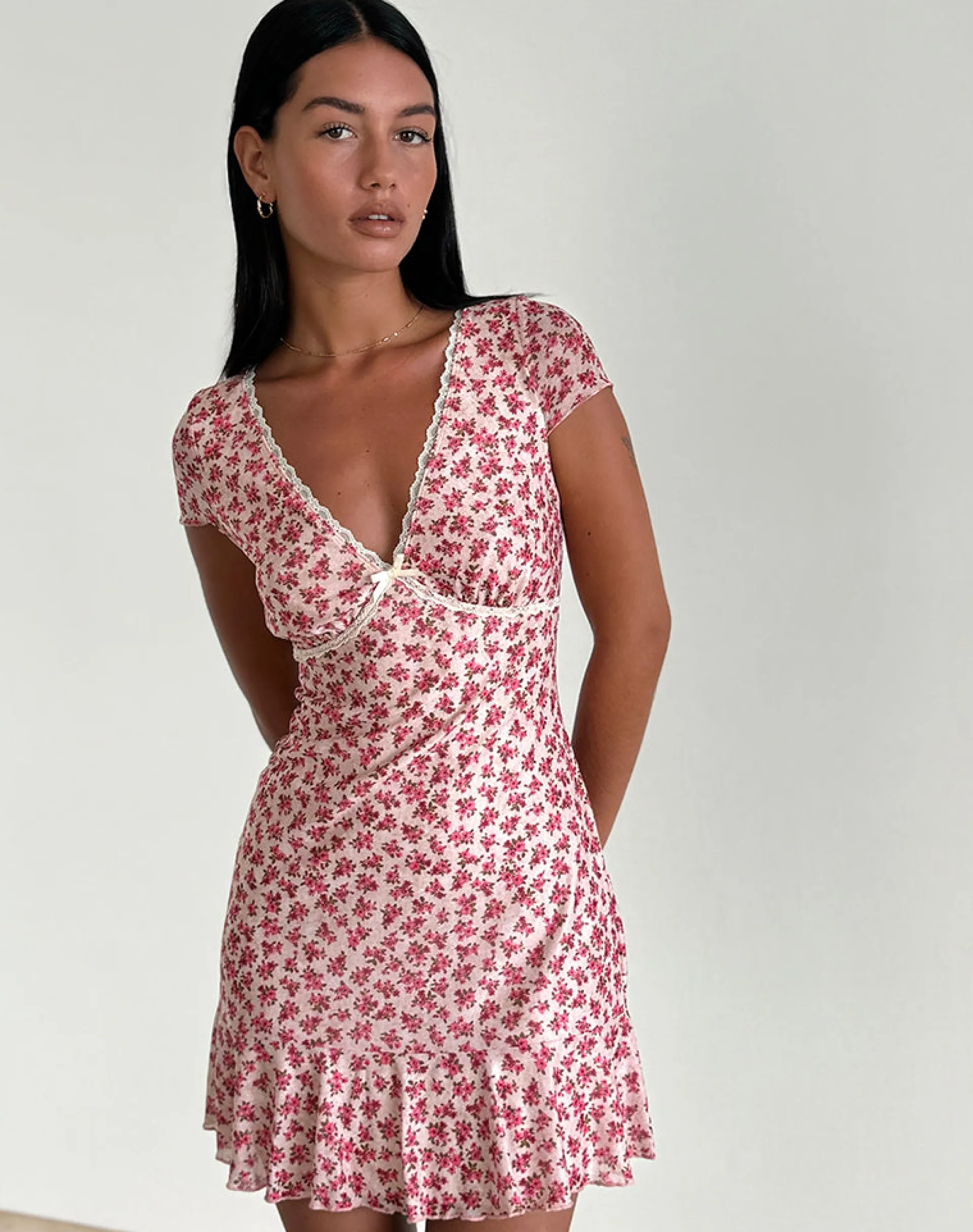 Motel Rocks Day Dresses | Bodycon Dresses-Ginevra Dress in Gardenia Romantic with Lace Trim GardeniaRomanticwithLaceTrim