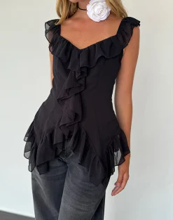 Motel Rocks Going Out Tops-Glaiza Ruffle Cami Top in Black