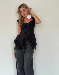 Motel Rocks Going Out Tops-Glaiza Ruffle Cami Top in Black