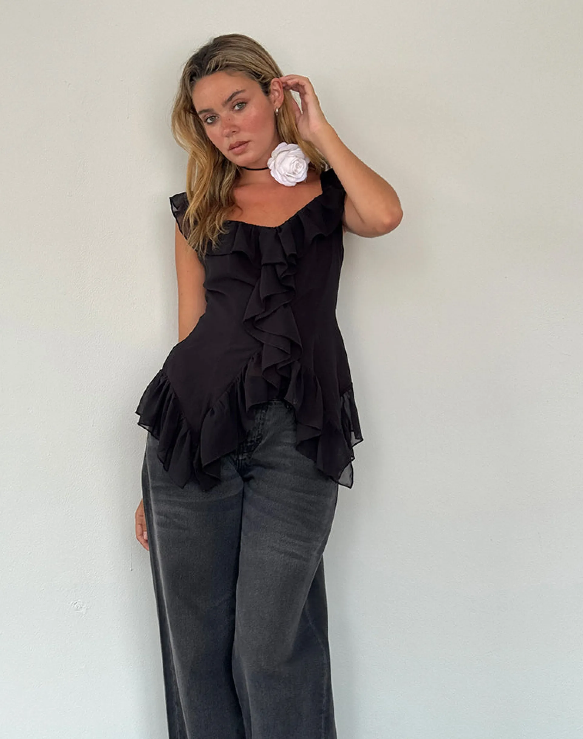 Motel Rocks Going Out Tops-Glaiza Ruffle Cami Top in Black