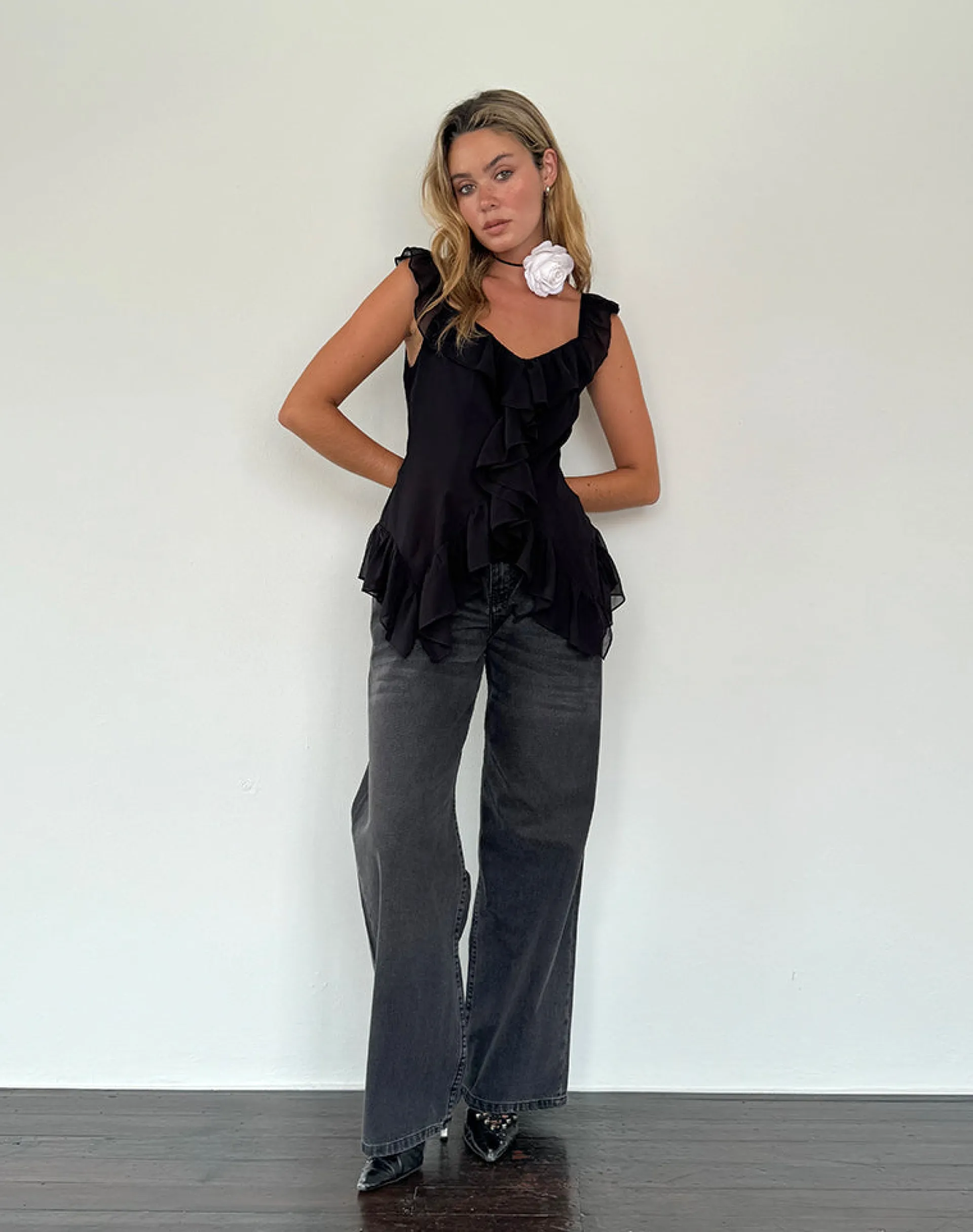 Motel Rocks Going Out Tops-Glaiza Ruffle Cami Top in Black