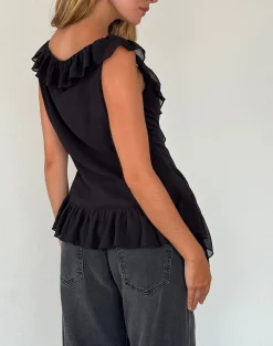 Motel Rocks Going Out Tops-Glaiza Ruffle Cami Top in Black