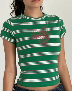 Motel Rocks Printed Tops | Tees-Glenda Jersey Tee in Green and White Stripe with Strawberry Motif