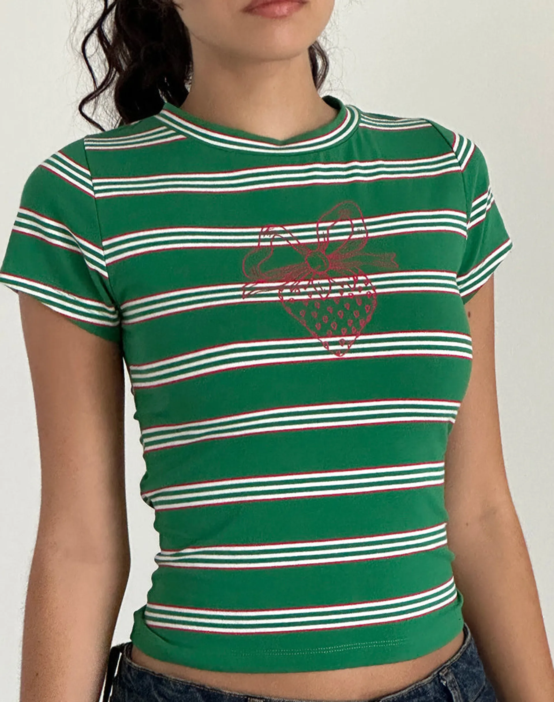 Motel Rocks Printed Tops | Tees-Glenda Jersey Tee in Green and White Stripe with Strawberry Motif