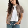 Motel Rocks Shirts And Blouses | Printed Tops-Gosanri Short Sleeve Shirt in Pink and Green Check