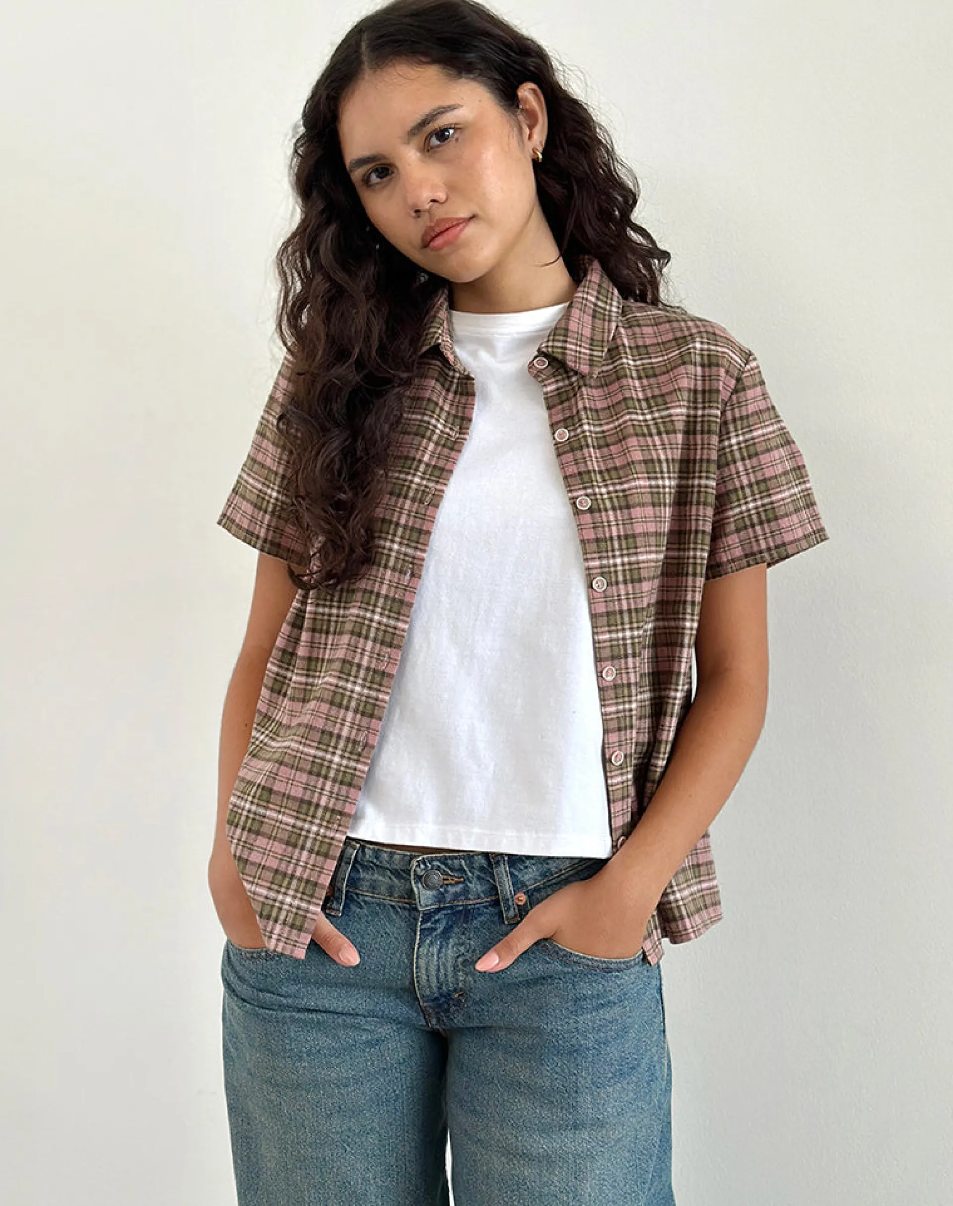 Motel Rocks Shirts And Blouses | Printed Tops-Gosanri Short Sleeve Shirt in Pink and Green Check