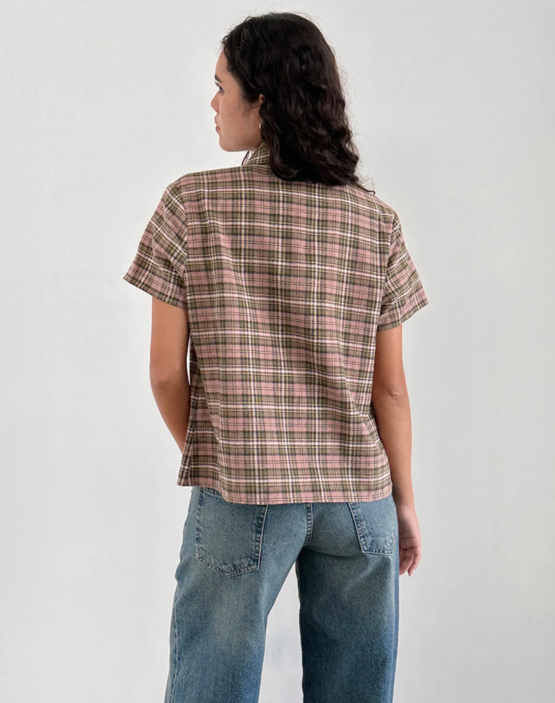 Motel Rocks Shirts And Blouses | Printed Tops-Gosanri Short Sleeve Shirt in Pink and Green Check