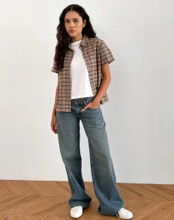 Motel Rocks Shirts And Blouses | Printed Tops-Gosanri Short Sleeve Shirt in Pink and Green Check