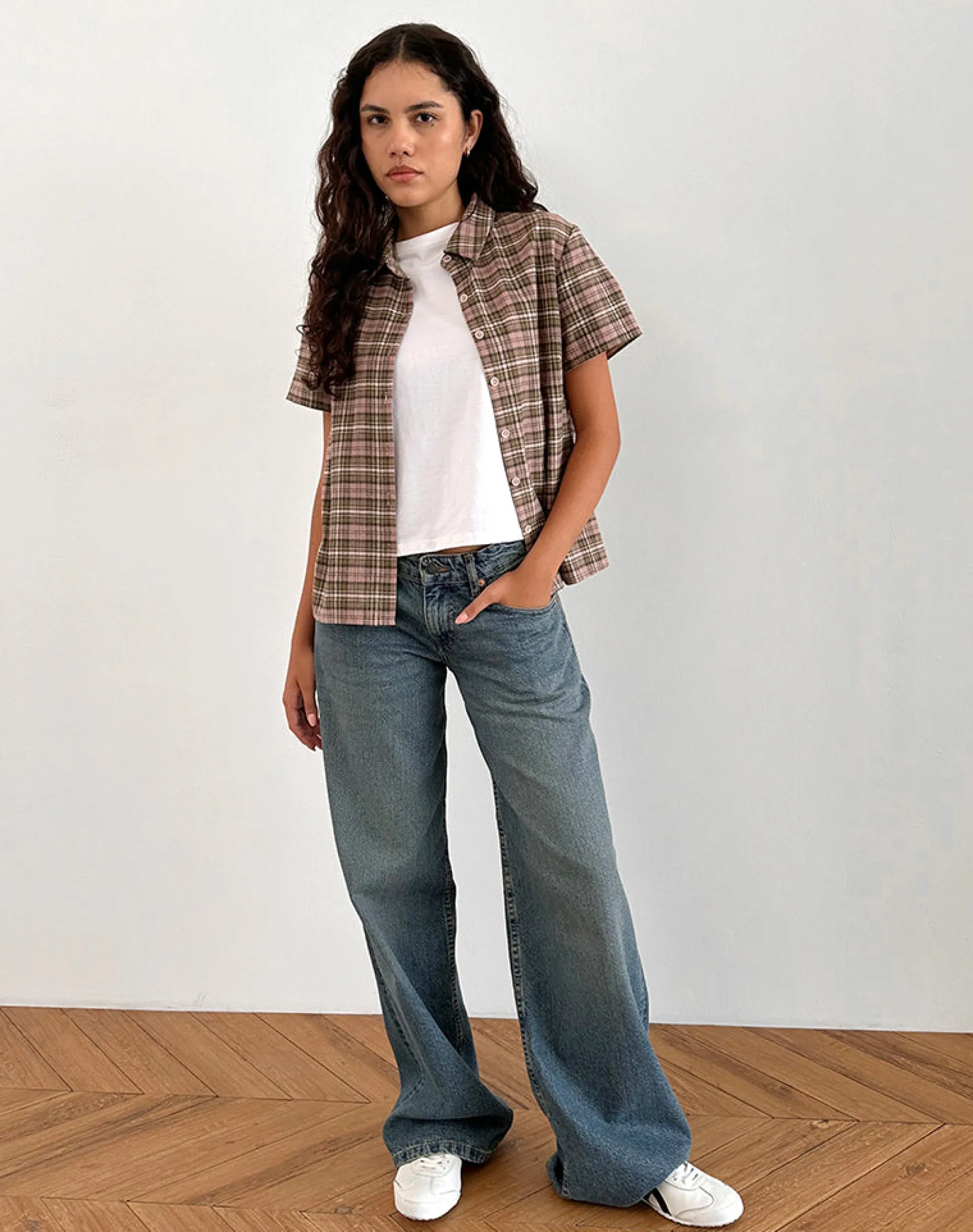 Motel Rocks Shirts And Blouses | Printed Tops-Gosanri Short Sleeve Shirt in Pink and Green Check