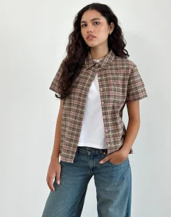 Motel Rocks Shirts And Blouses | Printed Tops-Gosanri Short Sleeve Shirt in Pink and Green Check