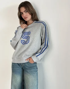 Motel Rocks Loungewear | Hoodies & Sweatshirts-Govel Sweatshirt in Grey Marl with Cobalt Blue 5 Motif