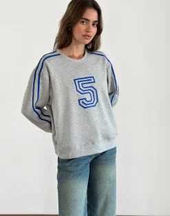 Motel Rocks Loungewear | Hoodies & Sweatshirts-Govel Sweatshirt in Grey Marl with Cobalt Blue 5 Motif