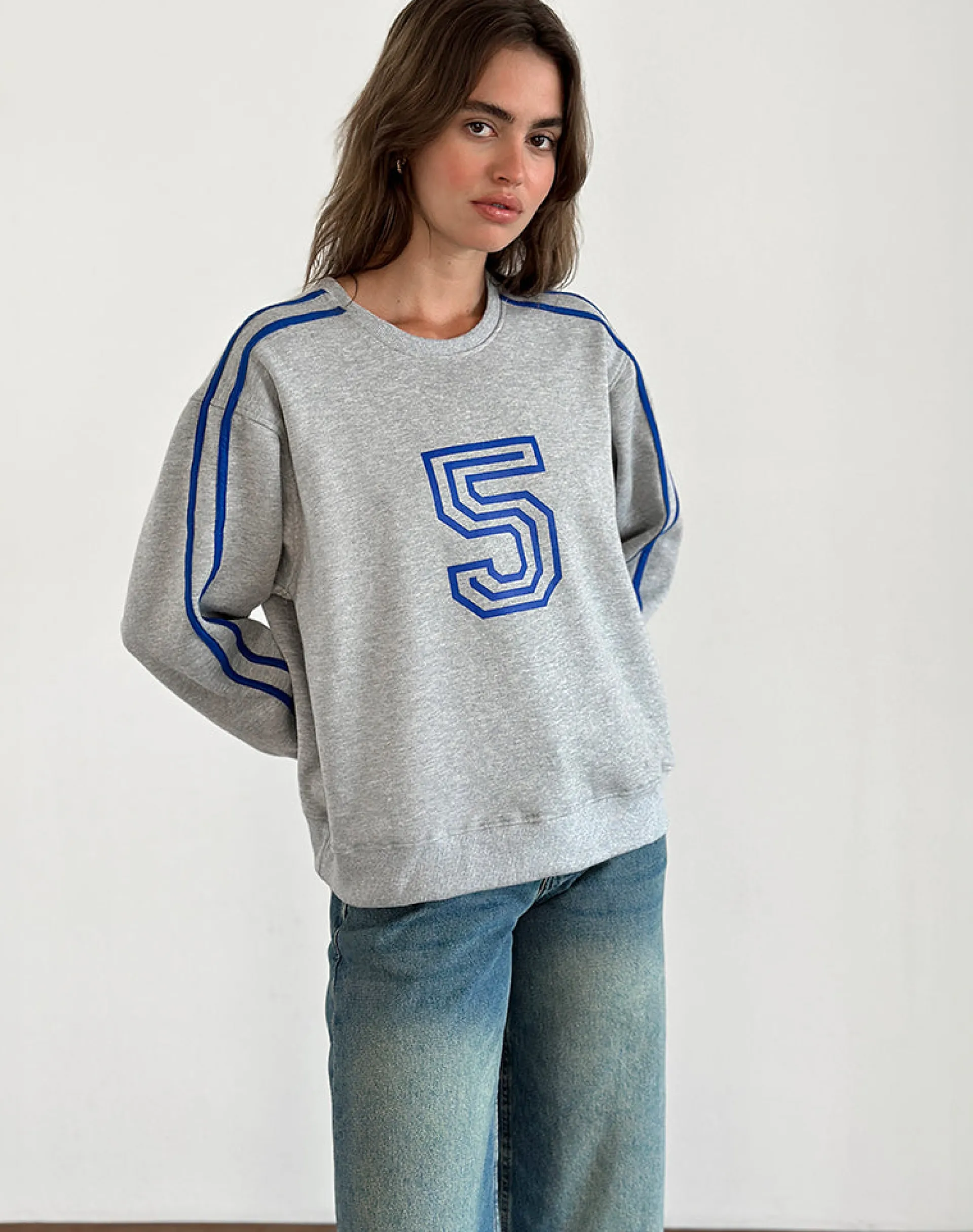 Motel Rocks Loungewear | Hoodies & Sweatshirts-Govel Sweatshirt in Grey Marl with Cobalt Blue 5 Motif