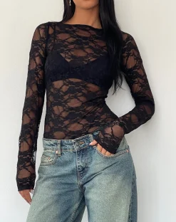 Motel Rocks Long Sleeve Tops | Lace Tops-Grizelda Backless Long Sleeve Top in Black Abstract Lace