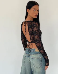 Motel Rocks Long Sleeve Tops | Lace Tops-Grizelda Backless Long Sleeve Top in Black Abstract Lace