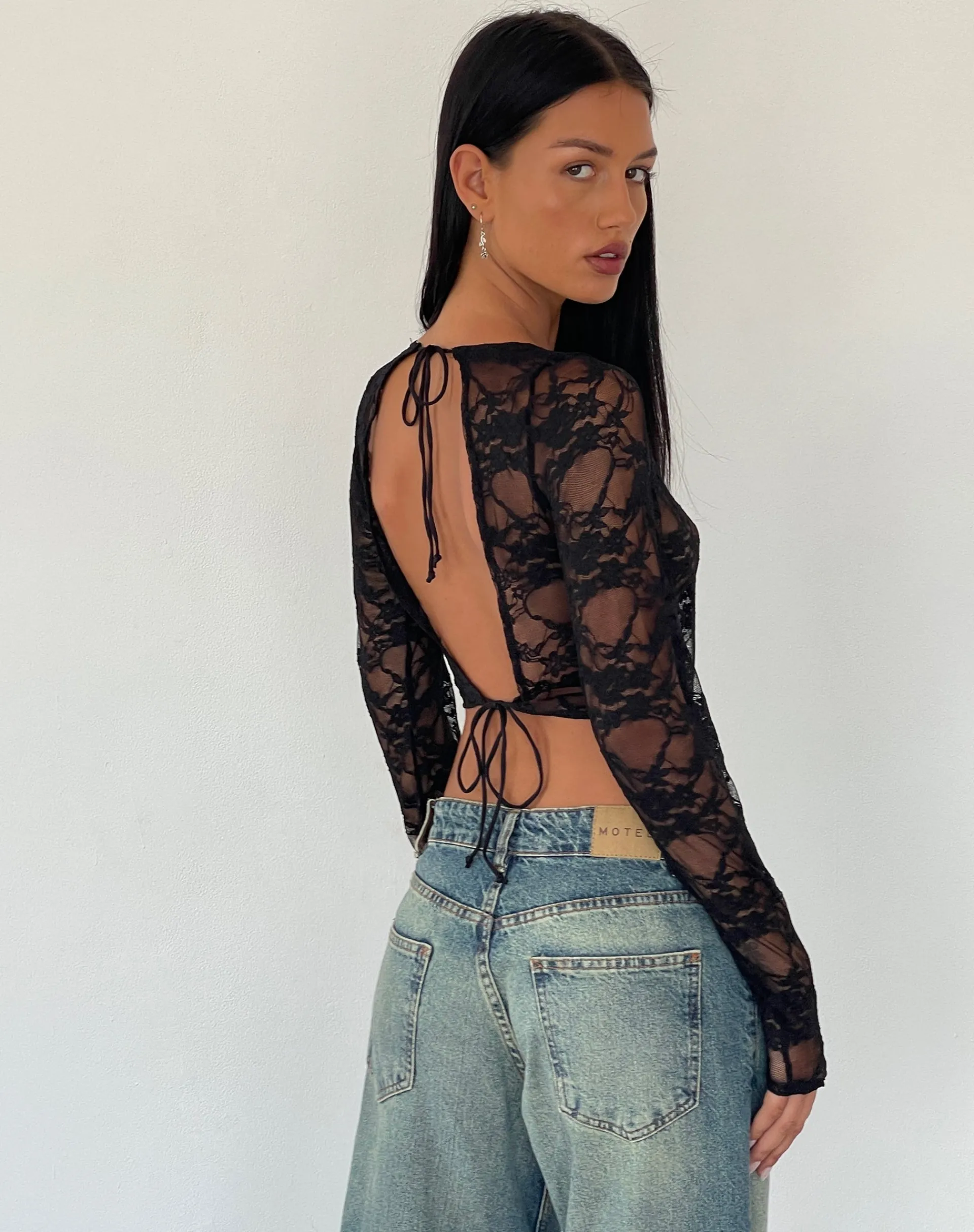 Motel Rocks Long Sleeve Tops | Lace Tops-Grizelda Backless Long Sleeve Top in Black Abstract Lace