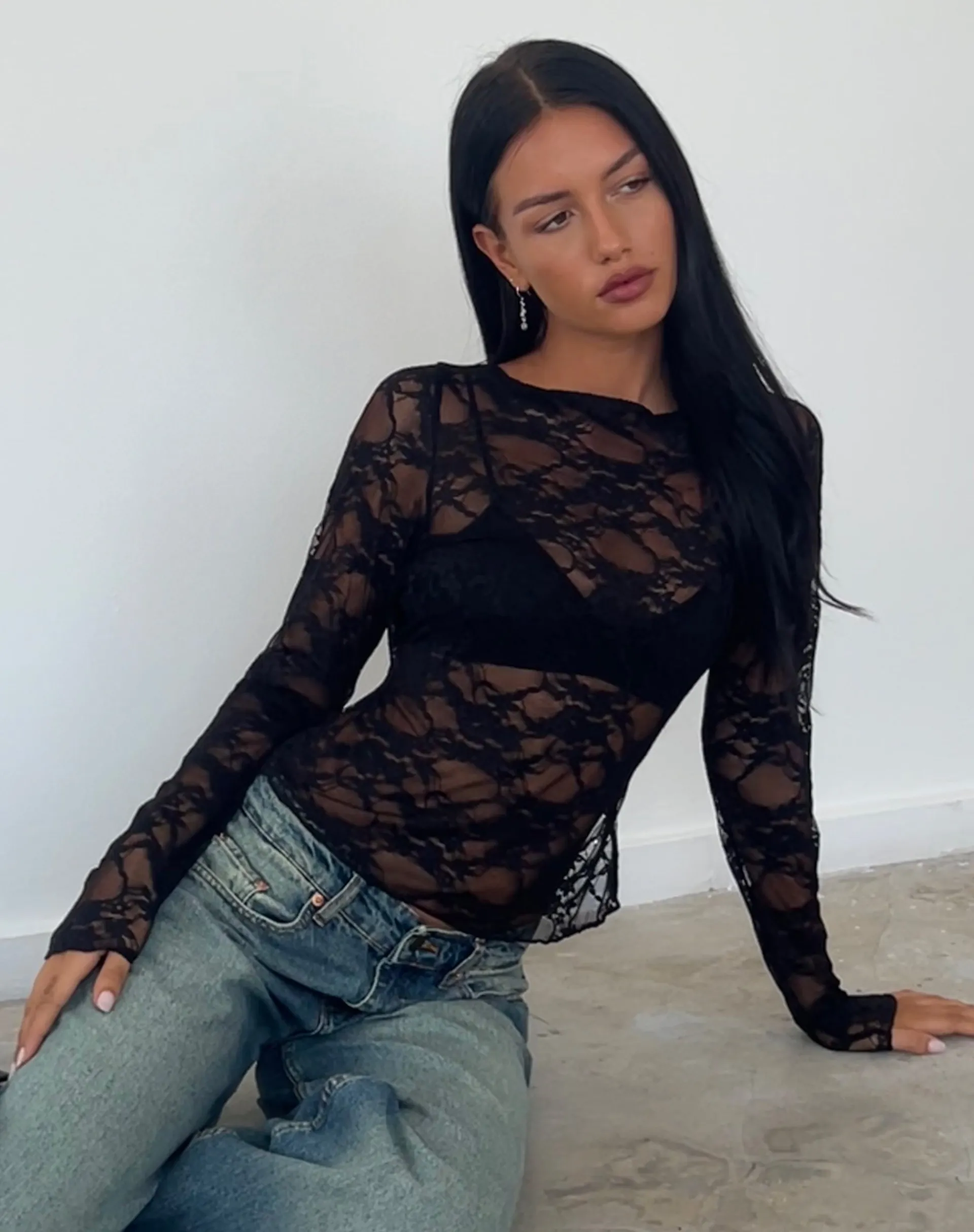 Motel Rocks Long Sleeve Tops | Lace Tops-Grizelda Backless Long Sleeve Top in Black Abstract Lace