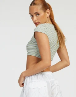 Motel Rocks Printed Tops-Guanna Crop Top in Stripe Rib Green and Grey StripeRibGreenandGrey