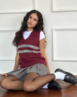 Motel Rocks Vest Tops-Guria Vest in Maroon Red with Grey Stripe