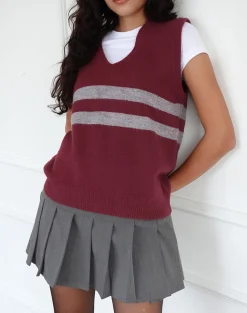 Motel Rocks Vest Tops-Guria Vest in Maroon Red with Grey Stripe