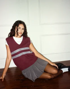 Motel Rocks Vest Tops-Guria Vest in Maroon Red with Grey Stripe