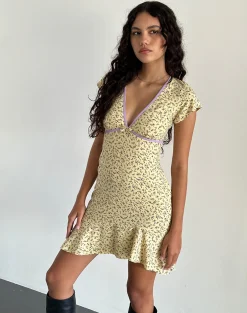 Motel Rocks Printed Dresses | Mini Dresses-Gysele Mini Dress in Flowing Flower Yellow