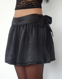 Motel Rocks Basics-Habema Wrap Mini Skirt in Satin Black