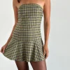 Motel Rocks Tailoring | Printed Dresses-Hadia Bandeau Mini Dress in Check Yellow
