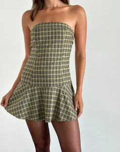 Motel Rocks Tailoring | Printed Dresses-Hadia Bandeau Mini Dress in Check Yellow