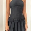 Motel Rocks Bandeau Dresses | Mini Dresses-Haika Double Belt Mini Dress in Charcoal with White Stripe
