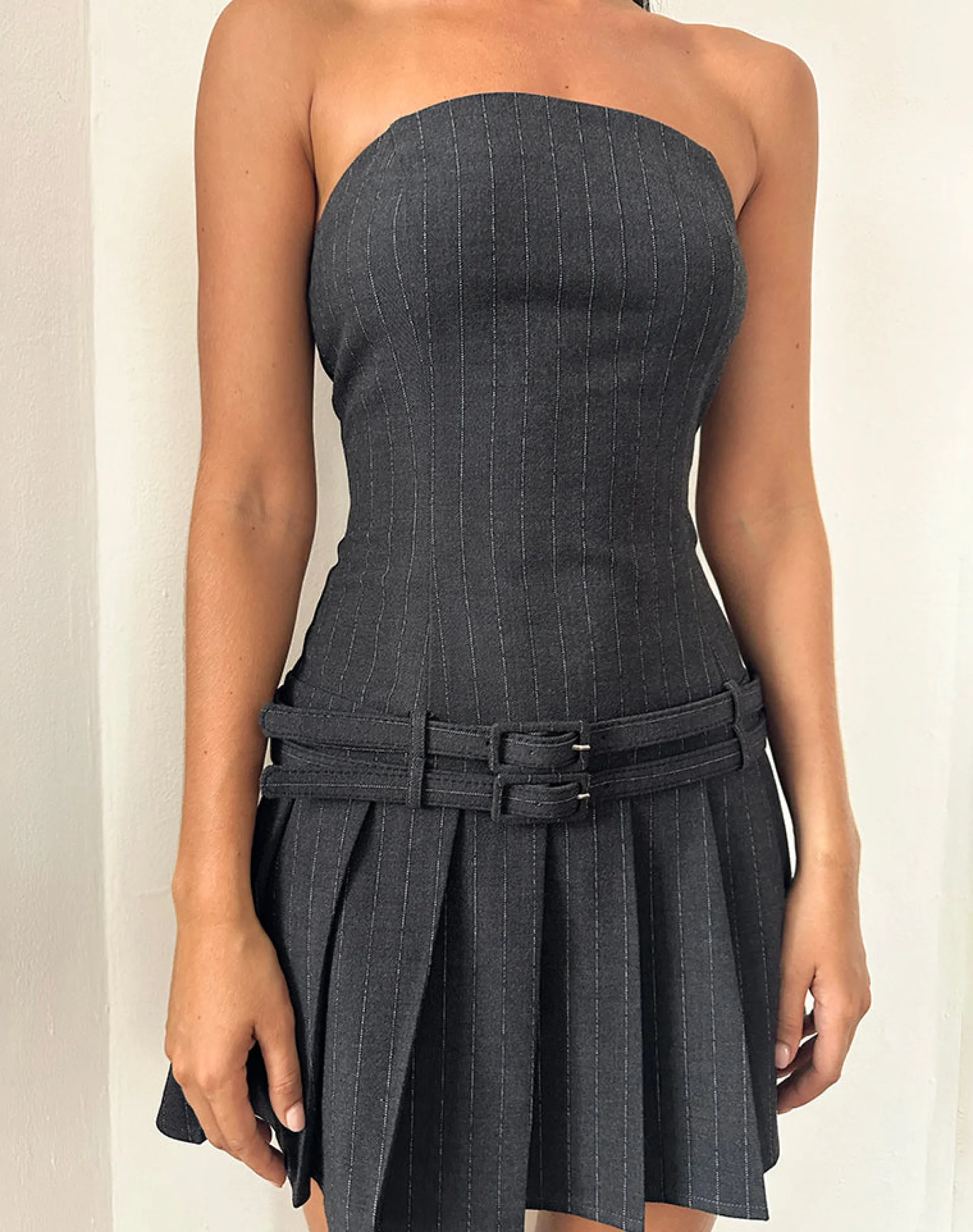 Motel Rocks Bandeau Dresses | Mini Dresses-Haika Double Belt Mini Dress in Charcoal with White Stripe