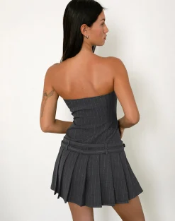 Motel Rocks Bandeau Dresses | Mini Dresses-Haika Double Belt Mini Dress in Charcoal with White Stripe