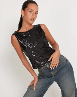 Motel Rocks Vest Tops | Sequin Tops-Hala Crop Vest Top in Black Sequin BlackSequin