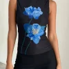 Motel Rocks Vest Tops | Printed Tops-Hala Top in Black with Blue Watercolour Flower BlackwithBlueWatercolourFlower
